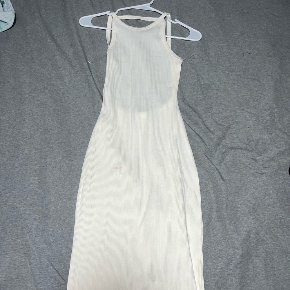 White bodycon midi dress with open back, size small, new